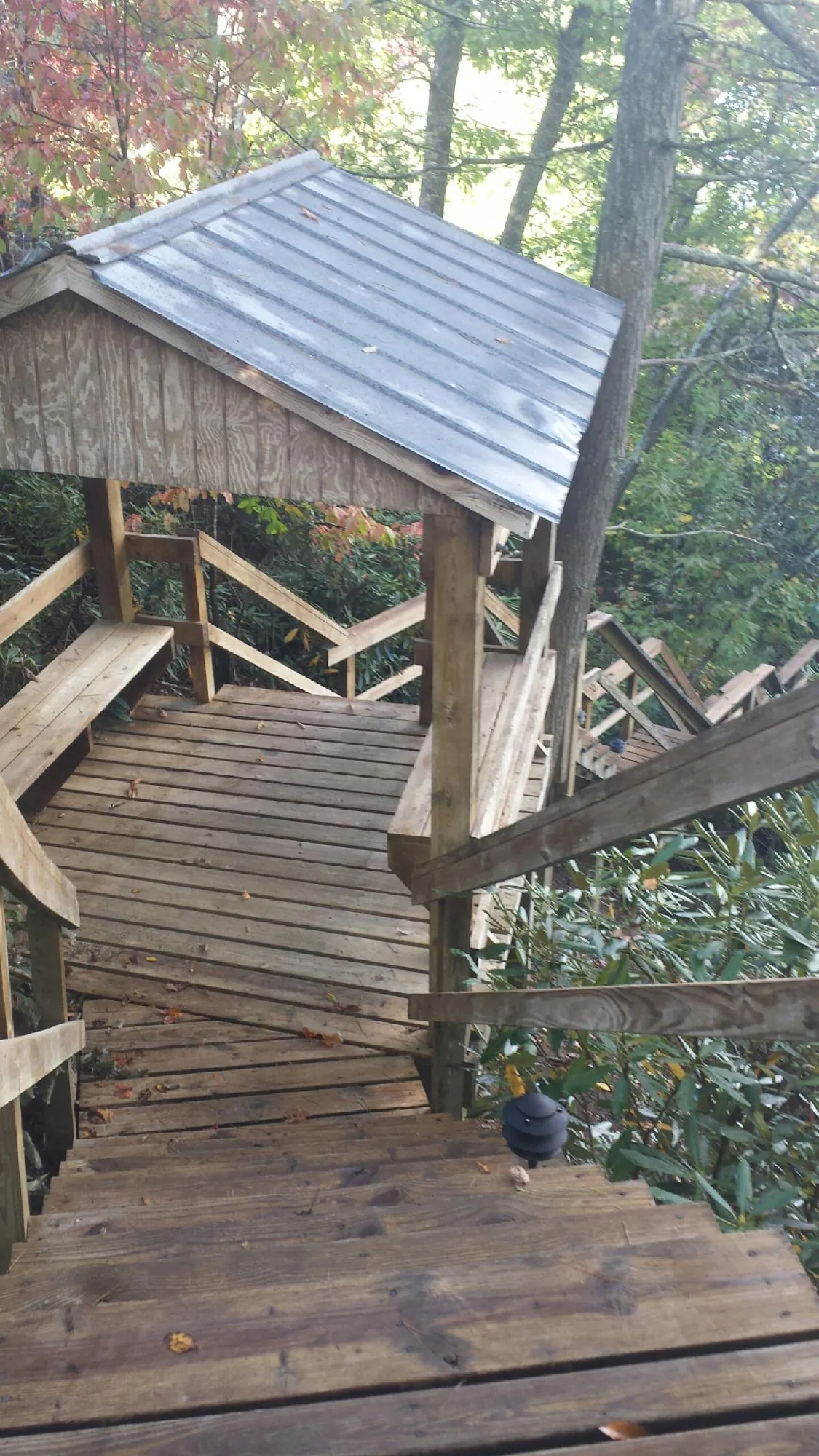 Metal roofed shelter over wooden steps on a wooded walkway — Skylight Repair & Installation work by our crew in Farner